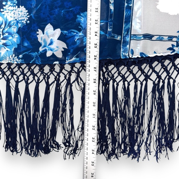 Chicos Travelers L/XL Blue Patchwork Fringe Duster Open Kimono Swim Cover Floral - Picture 10 of 11